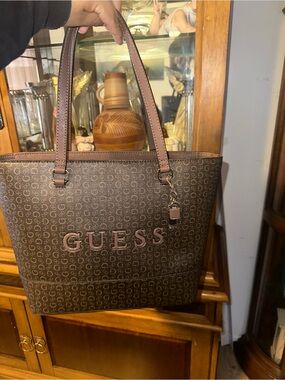 GUESS Brown Monogram Tote with Pink-Tan Accents